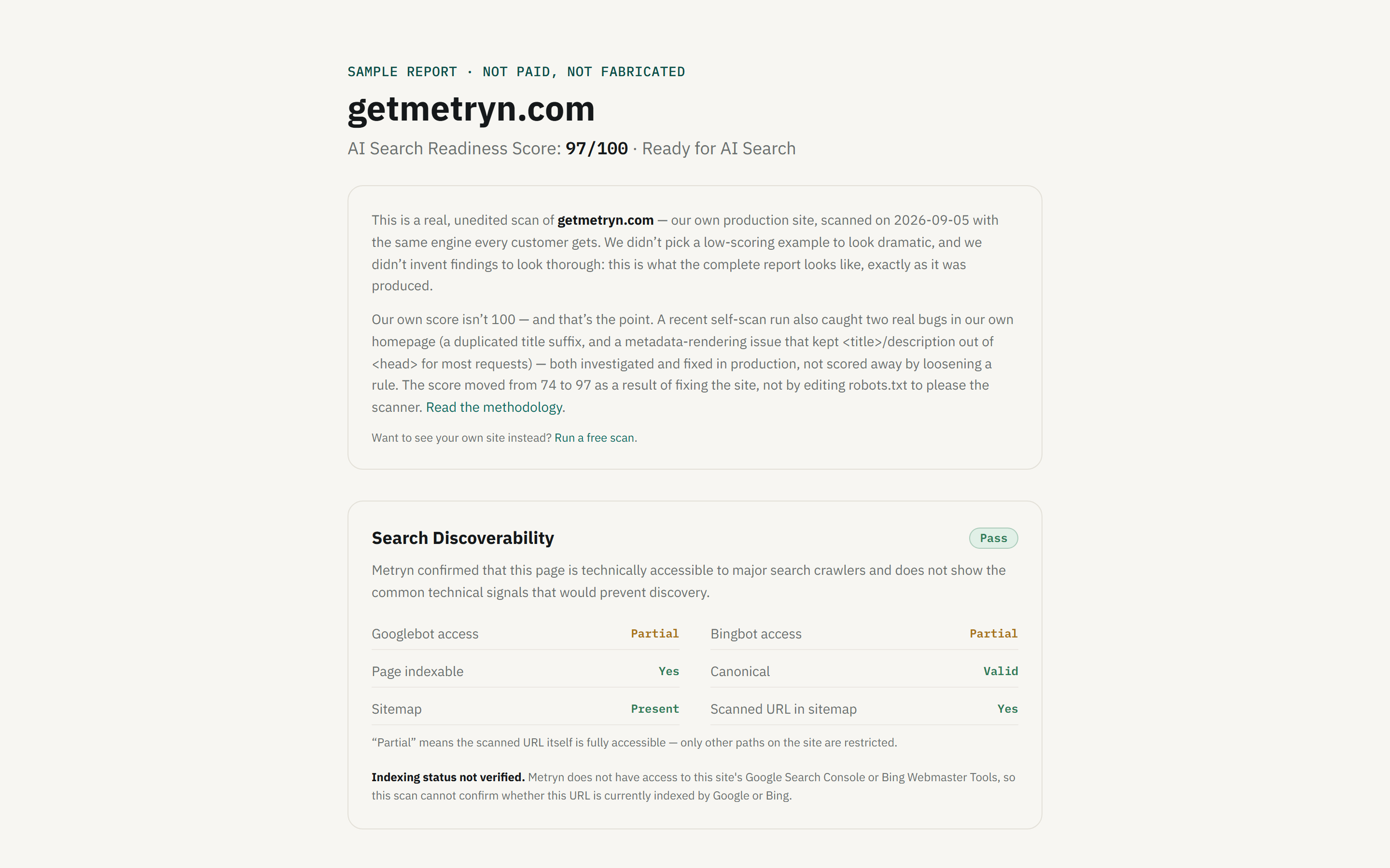 Top of Metryn's sample report for getmetryn.com, showing the readiness score and the Search Discoverability checks such as crawler access, indexability, canonical and sitemap.
